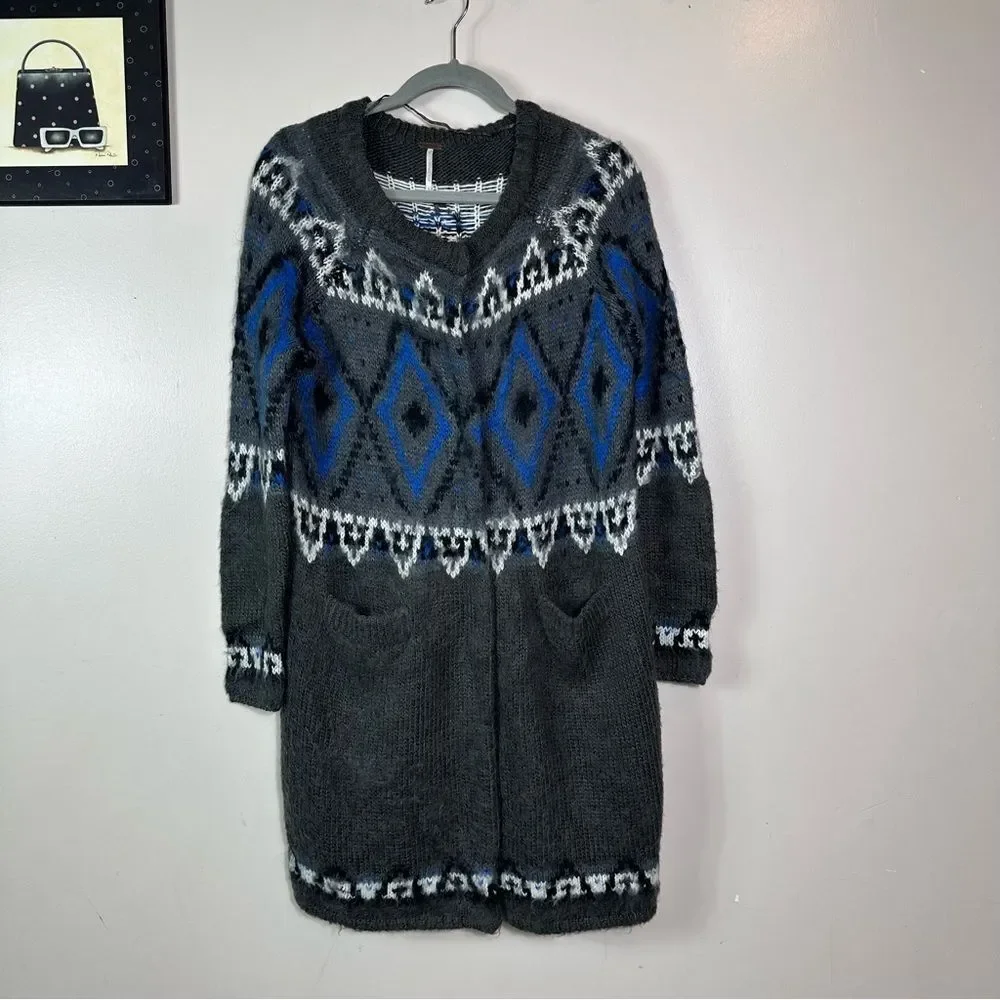 Free People Gray and Blue Geometric Cardigan 13% wool